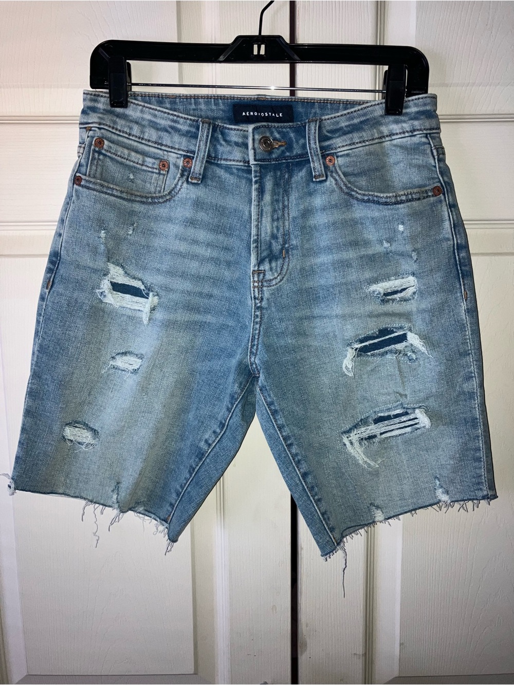 Aeropostale Men’s Light Blue Distressed Denim Cutoff Shorts